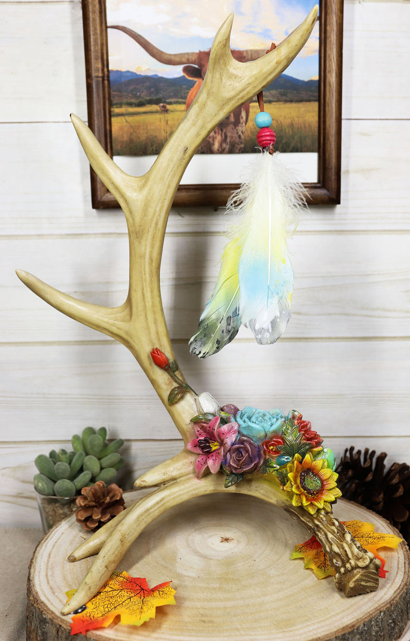 Rustic Buck Deer Antler With Flowers And Feathers Jewelry Tree Or