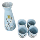 White Sakura Cherry Blossom Sky Blue Ceramic Sake Set Carafe Flask With 4 Cups