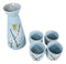 White Sakura Cherry Blossom Sky Blue Ceramic Sake Set Carafe Flask With 4 Cups