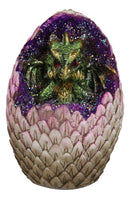 Small Green Sulking Baby Dragon In Colorful LED Light Faux Crystal Geode Egg