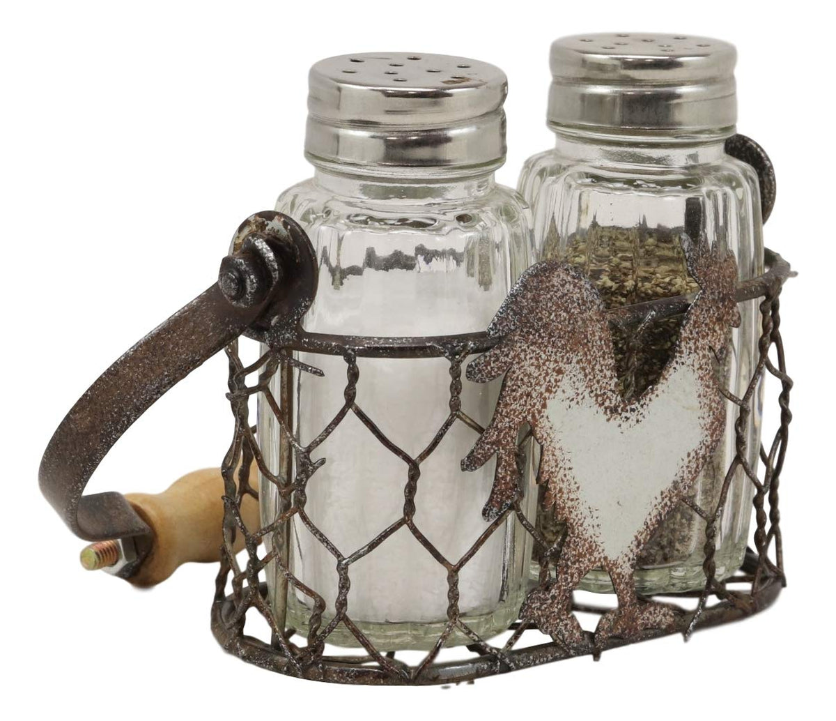 Ebros Gift Galvanized Metal Rustic Vintage Farm Milk Wire Basket Crate With Chicken Rooster Sign Salt And Pepper Shakers Display Holder Set 5.25"High