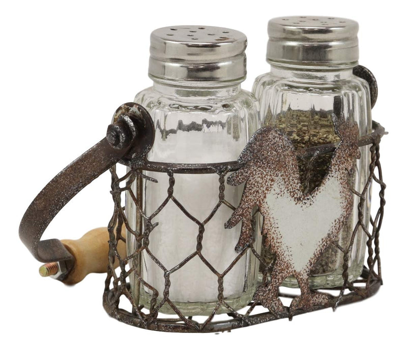 Ebros Gift Galvanized Metal Rustic Vintage Farm Milk Wire Basket Crate With Chicken Rooster Sign Salt And Pepper Shakers Display Holder Set 5.25"High