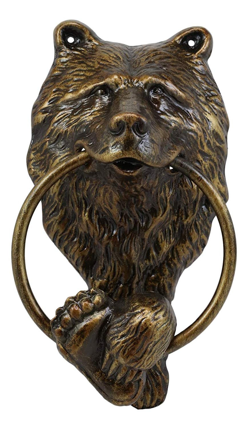 Ebros Gift Rustic Western Forest Grizzly Bear Head with Foot and Paw Cast Aluminum Door Knocker Figurine Decorative Knockers Themed Bears for Cabin Lodge Mountain Cottage Home Accent Decor Hardware