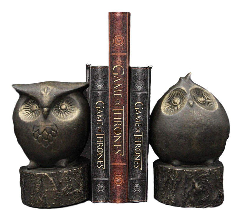 Ebros Gift Wisdom of The Forest Wide Eyed Fat Cupid Owls On Tree Stump Bookends Pair Set Statue Nocturnal Owl Birds Whimsical Decorative Accent for Library Shelves Desktops Countertops Mantelpiece