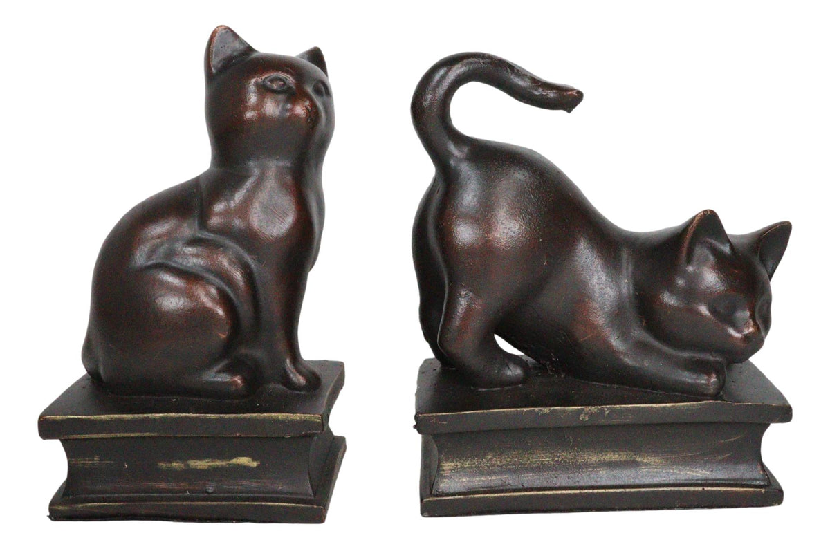 Sitting And Crouching Feline Cat Resin Bookends 7" Tall Abstract Cat Statue Set