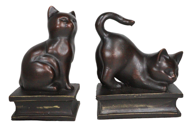 Sitting And Crouching Feline Cat Resin Bookends 7" Tall Abstract Cat Statue Set