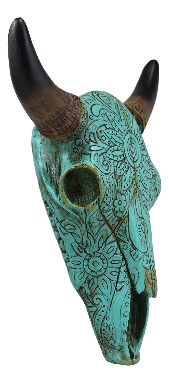 Ebros 10" Wide Western Southwest Steer Bison Buffalo Bull Cow Horned Skull Head Turquoise Floral Lace Design Wall Mount Decor - Ebros Gift