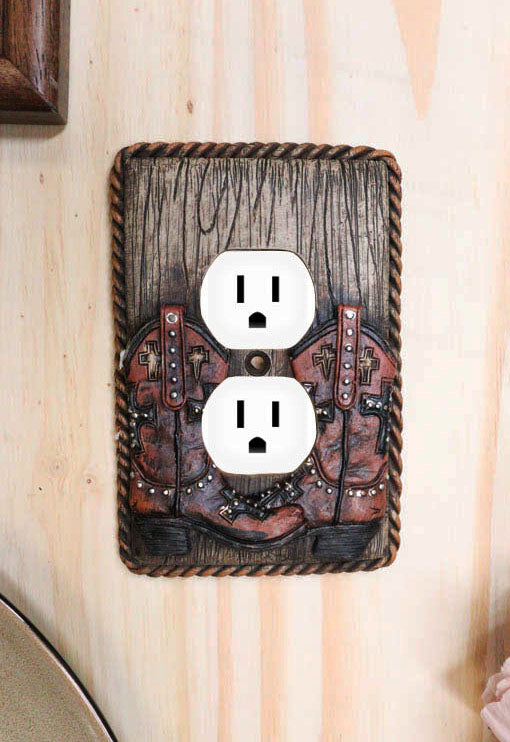 Set of 2 Western Cowboy Boots Faux Wood Wall Double Receptacle Outlet Plates