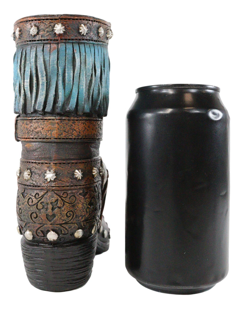 Rustic Western Tooled Leather Lace Patterns Boot Floral Vase With Blue Fringes