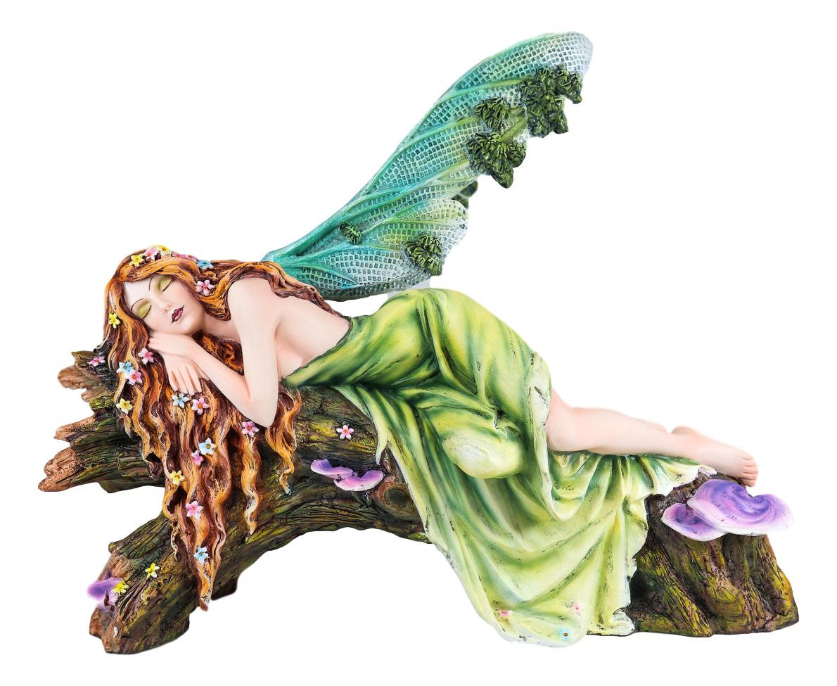 Ebros Beautiful Green Forest Fairy With Red Hair Sleeping On Tree Log Statue - Ebros Gift