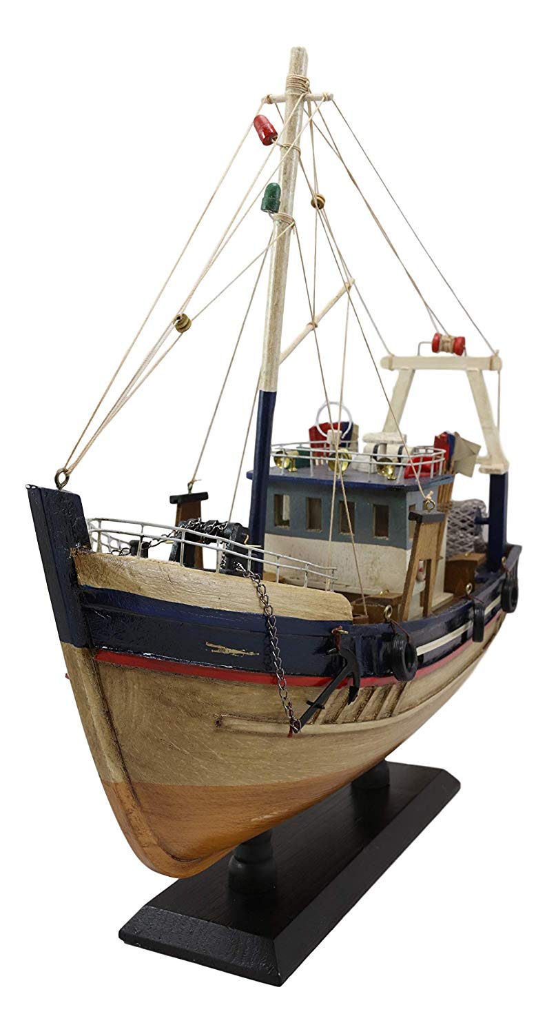 Ebros 17"L Wooden Handicraft Nautical Fishing Vessel Boat Model with Wood Base - Ebros Gift