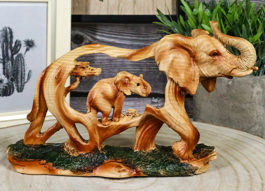 Faux Wood Elephant Family Migration Elephant Walking With Baby Calf Statue 7"L - Ebros Gift