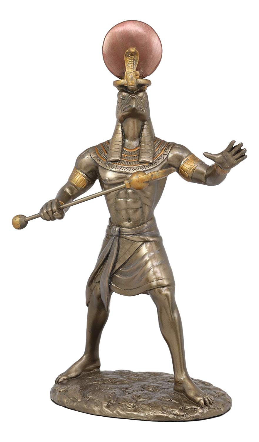 Ebros Egyptian Mythology God Horus Ra with Sun and Uraeus Disc Statue in Faux Bronze Resin Gods of Egypt Deity of War & Sky Falcon Heru Figurine 11" Tall Home Decor Sculpture - Ebros Gift