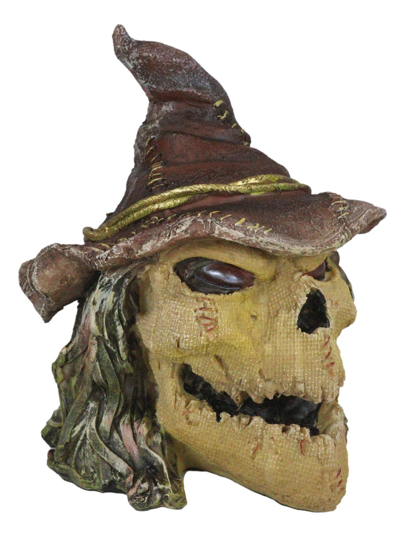Halloween Creepy Scarecrow Straw Man Skull With Faux Leather Stitch Hat Figurine