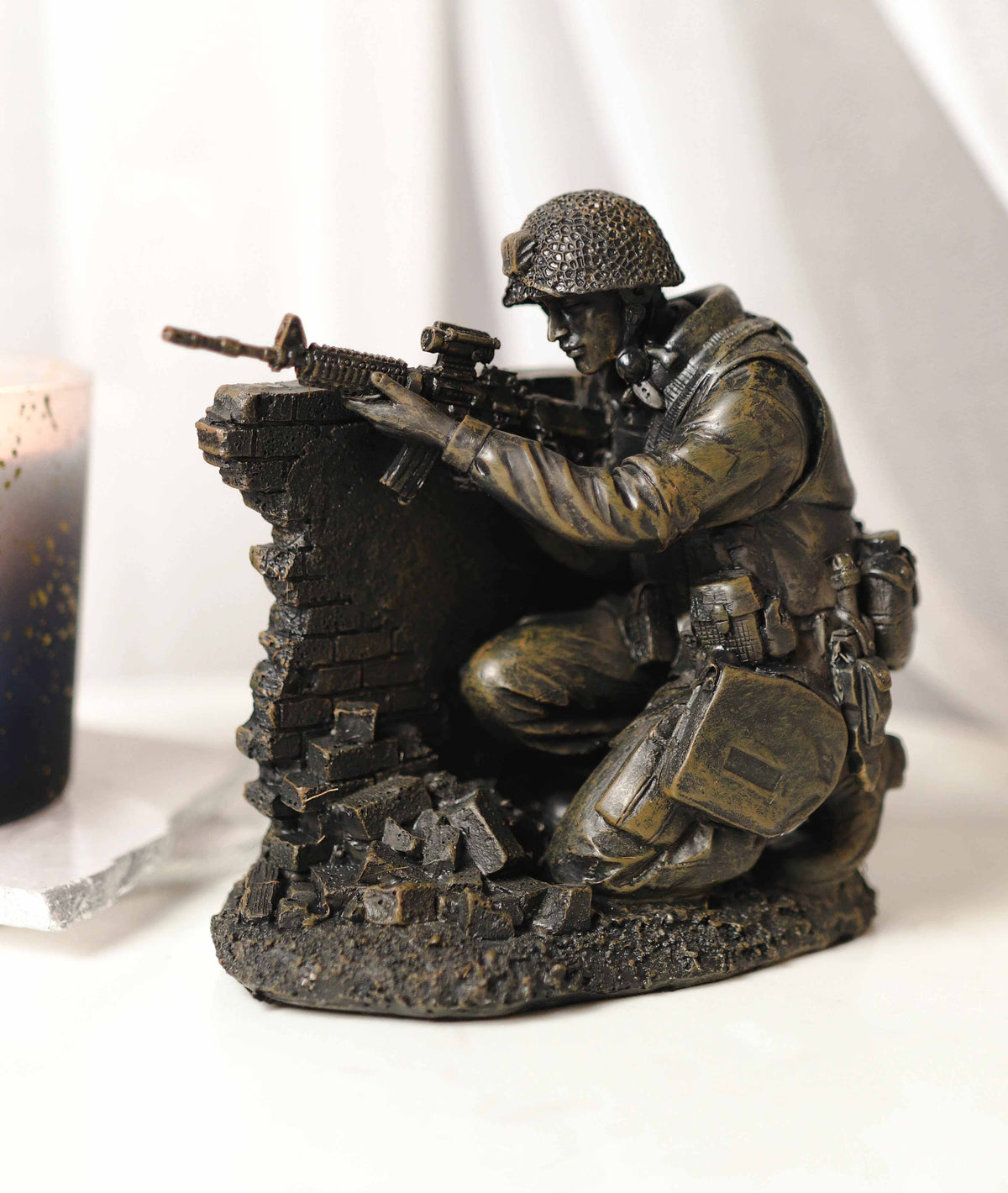 War Battlefield Kneeling Soldier Taking Cover With Rifle Gun And Gears Statue