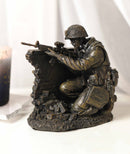 War Battlefield Kneeling Soldier Taking Cover With Rifle Gun And Gears Statue