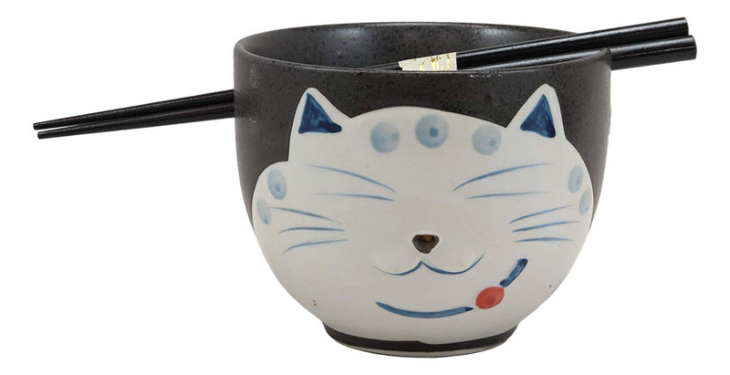 Ebros Whimsical Ceramic Black Lucky Meow Cat Ramen Noodle Bowl & Chopsticks Set