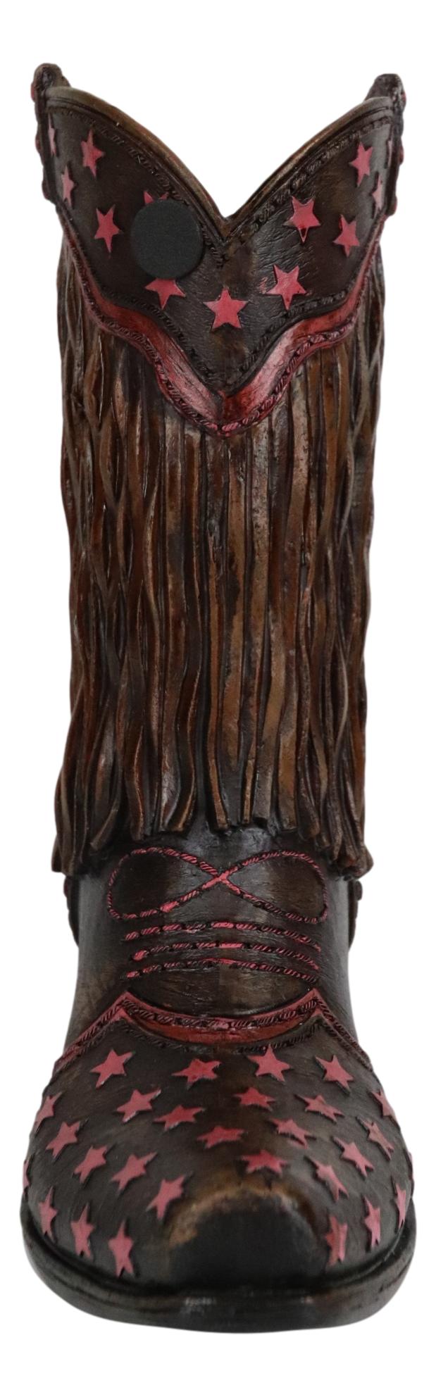 Rustic Western Cowboy Frill Fringe With Pink Stars Faux Leather Boot Vase Decor