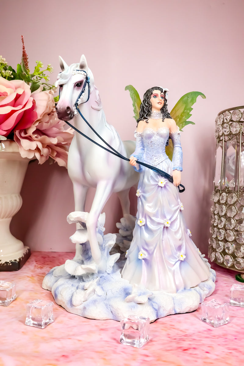 Ebros Aurora Borealis Winter Fairy with Sacred White Horse Statue 10" Long by Nene Thomas Decorative Mythical Fantasy Figurine Collectible