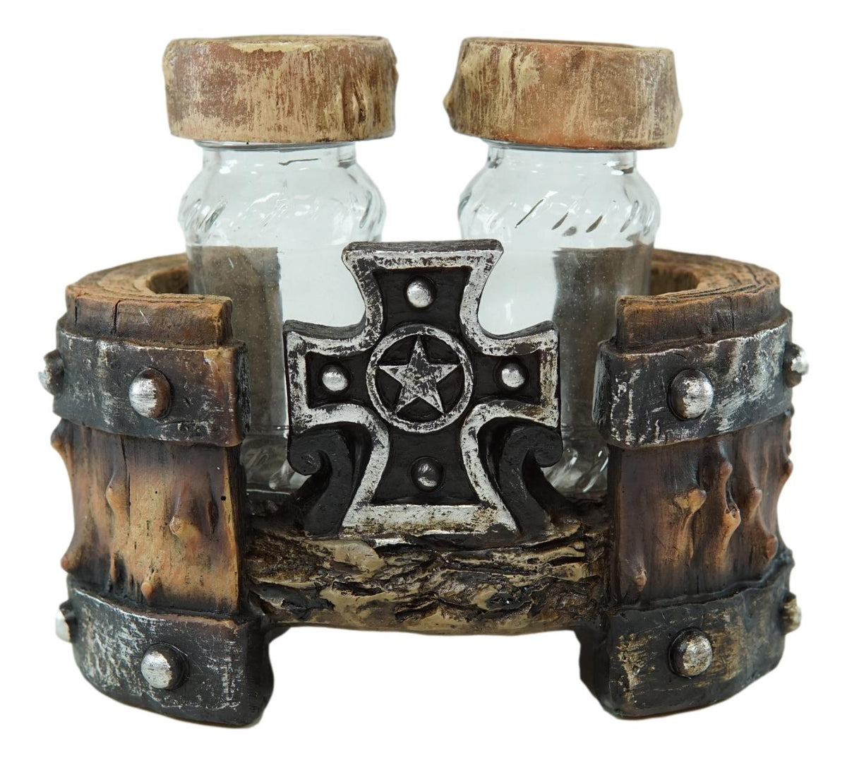 Rustic Western Star Cross With Faux Wood Barrel Base With Salt & Pepper Shakers