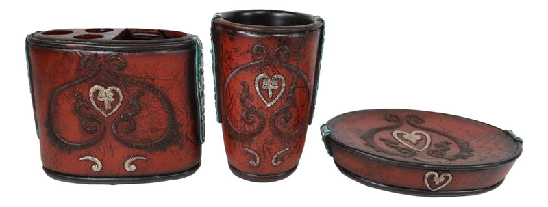 Western Cowgirl Red Love Heart Scrollwork Cup Soap Dish Toothbrush Holder Set