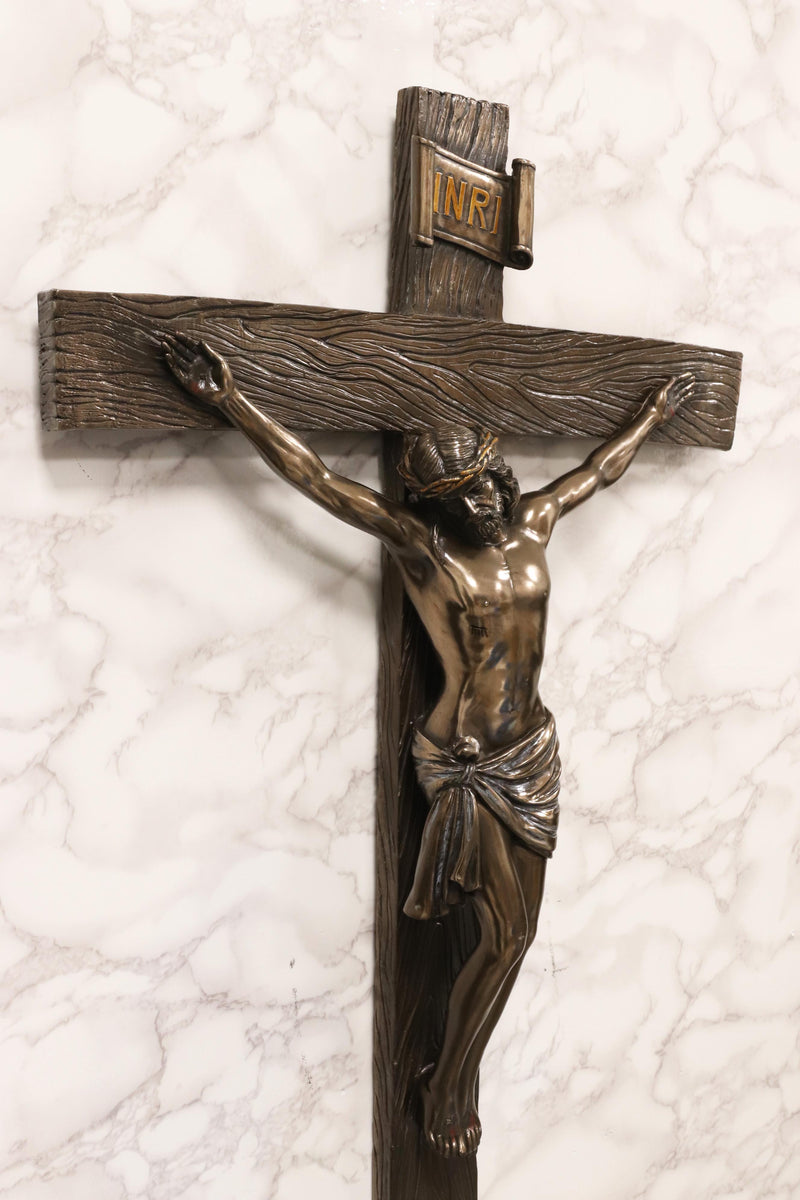 Large Faux Bronze 30"H INRI Jesus Christ On Cross Wall Hanging Crucifix Plaque