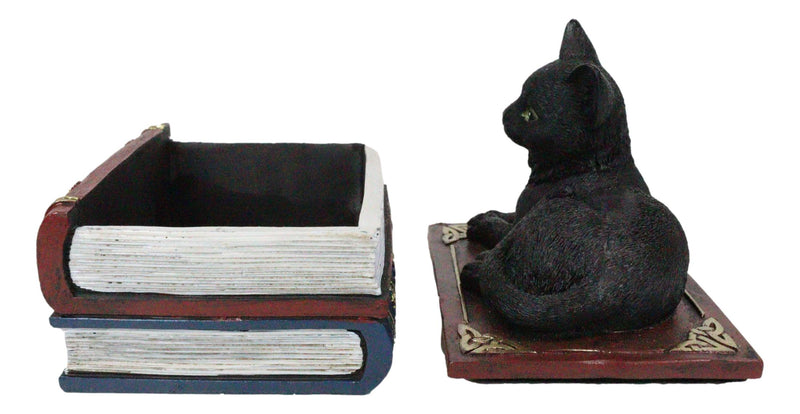 Wicca Mystical Black Cat Sitting On Book Of Spells Stack Decorative Jewelry Box