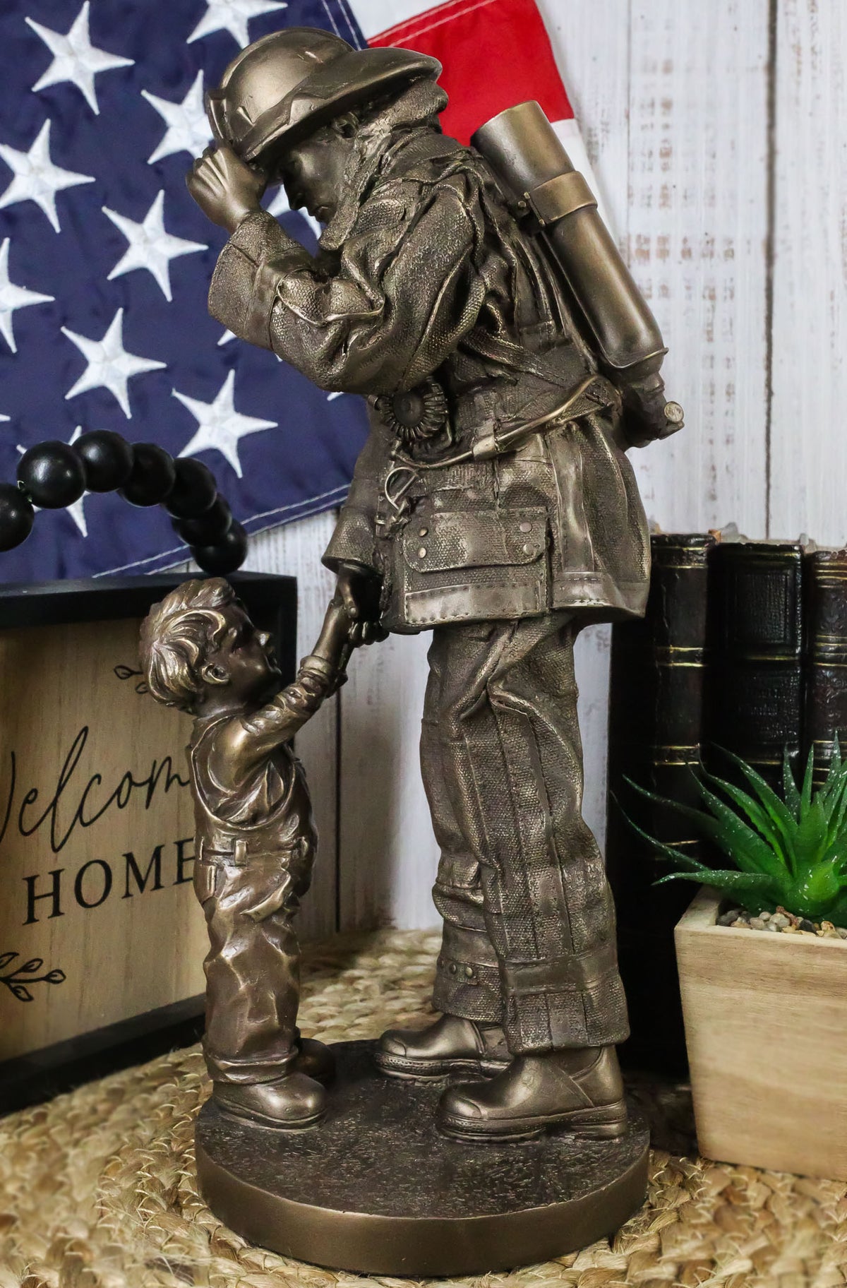 Civil Servant Fire Fighter Large Child Shaking Hands and Thanking Fireman Statue