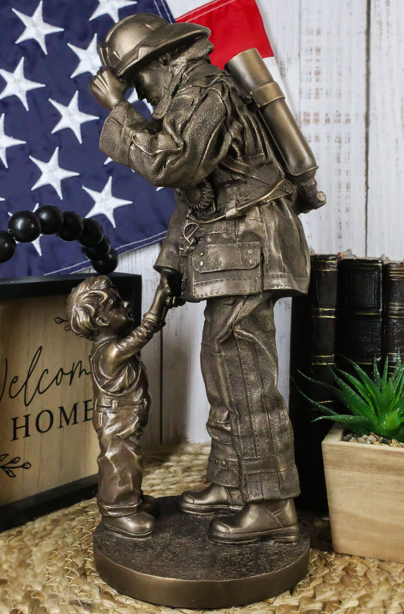 Civil Servant Fire Fighter Large Child Shaking Hands and Thanking Fireman Statue