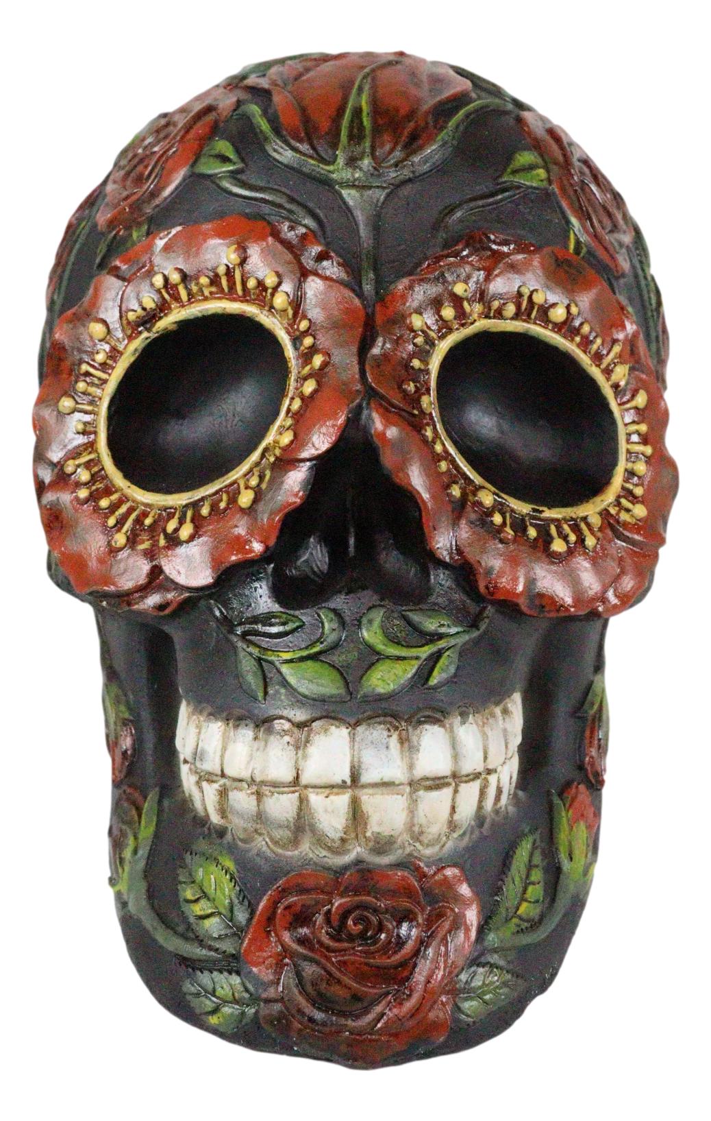 Gothic Day of The Dead Red Floral Roses With Green Foliage Skull Figurine