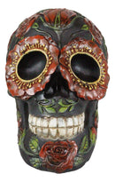 Gothic Day of The Dead Red Floral Roses With Green Foliage Skull Figurine