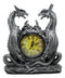 Gothic Twin Dragons Table Clock Statue With Roman Numerals In Metallic Look 11"H