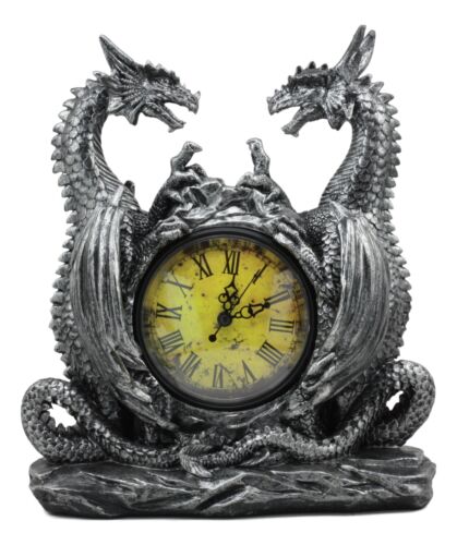 Gothic Twin Dragons Table Clock Statue With Roman Numerals In Metallic Look 11"H
