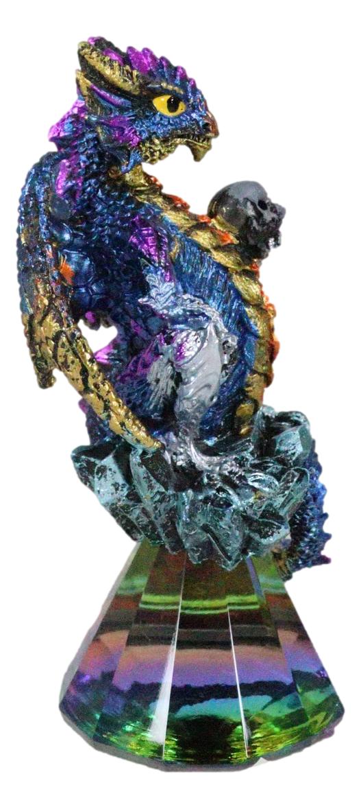 Iridescent Armored Rainbow Wyrmling Dragon Skull On Faux Crystal Prism Figurine