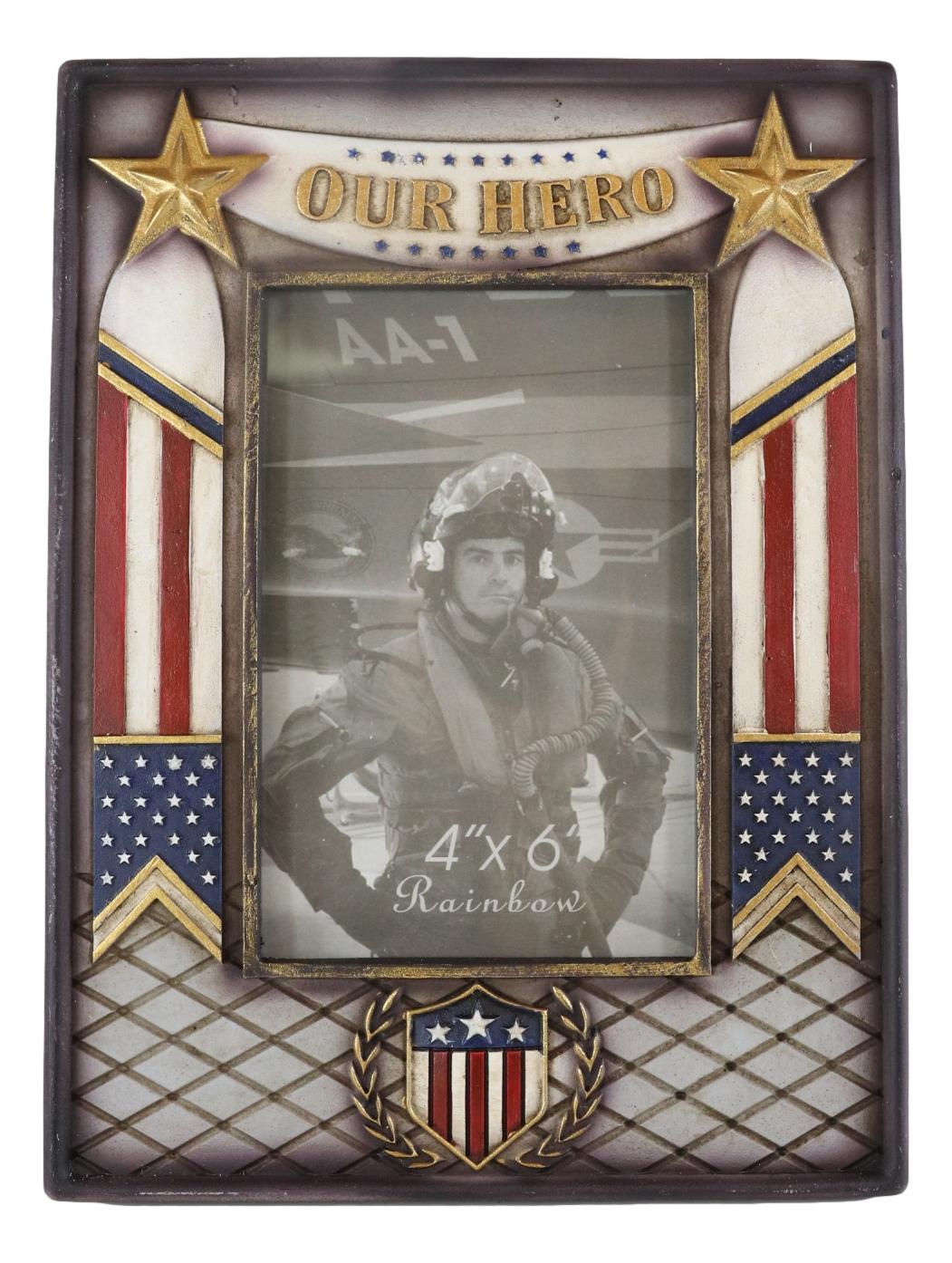 Military Patriotic USA Flag Star Veteran Memorial Our Hero 4"X6" Picture Frame