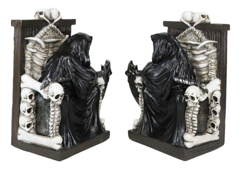 Gothic Grim Reaper Sitting On Skulls And Skeleton Bones Thrones Bookends Statue