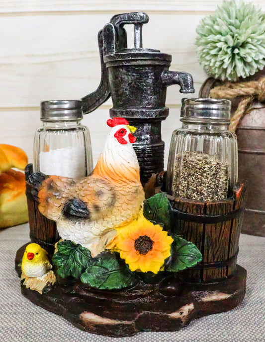Farm Irrigation Well Pump Chicken Hen Salt Pepper Shakers Holder Figurine Set - Ebros Gift