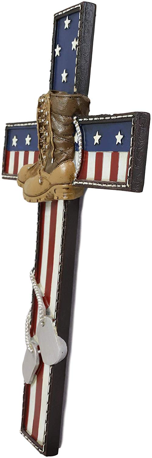 Ebros USA Flag Fallen Soldier W/ Boots & Dog Tag Memorial Cross Decor 11.75" H