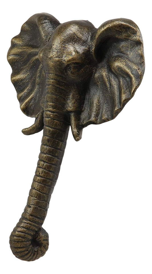 Ebros Aluminum Metal Hand Painted Bronze Color Safari Tusked Elephant Head Door Knocker with Strike Plate 10.5" High Decorative Jungle Forest Grasslands Elephants