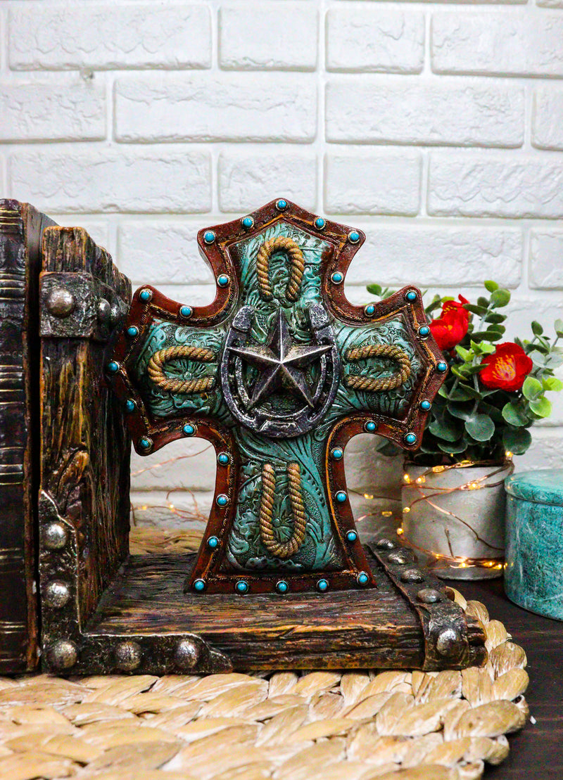 Rustic Turquoise Western Star Horseshoes Cross Braided Ropes Decorative Bookends