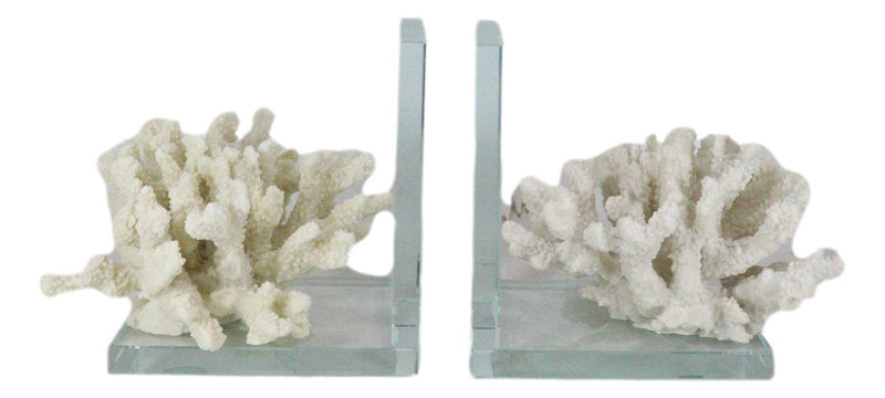Nautical Coastal Marine White Sea Finger Corals Acrylic Glass Bookends Set