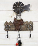 Rustic Western Windmill With Cowboy Barn Horseshoes And Saddle 3 Peg Wall Hooks