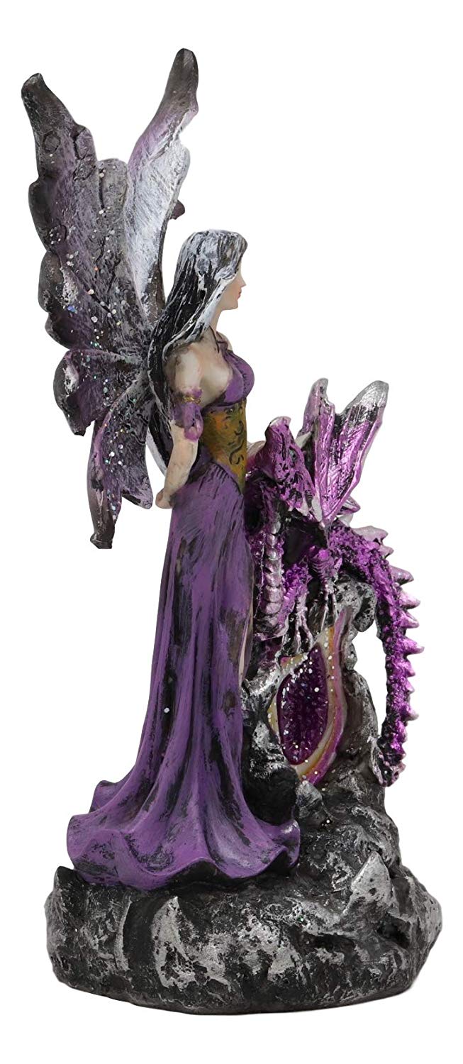 Purple Fairy With Dragon Sitting On LED Crystal Geode Night Light Statue Decor - Ebros Gift
