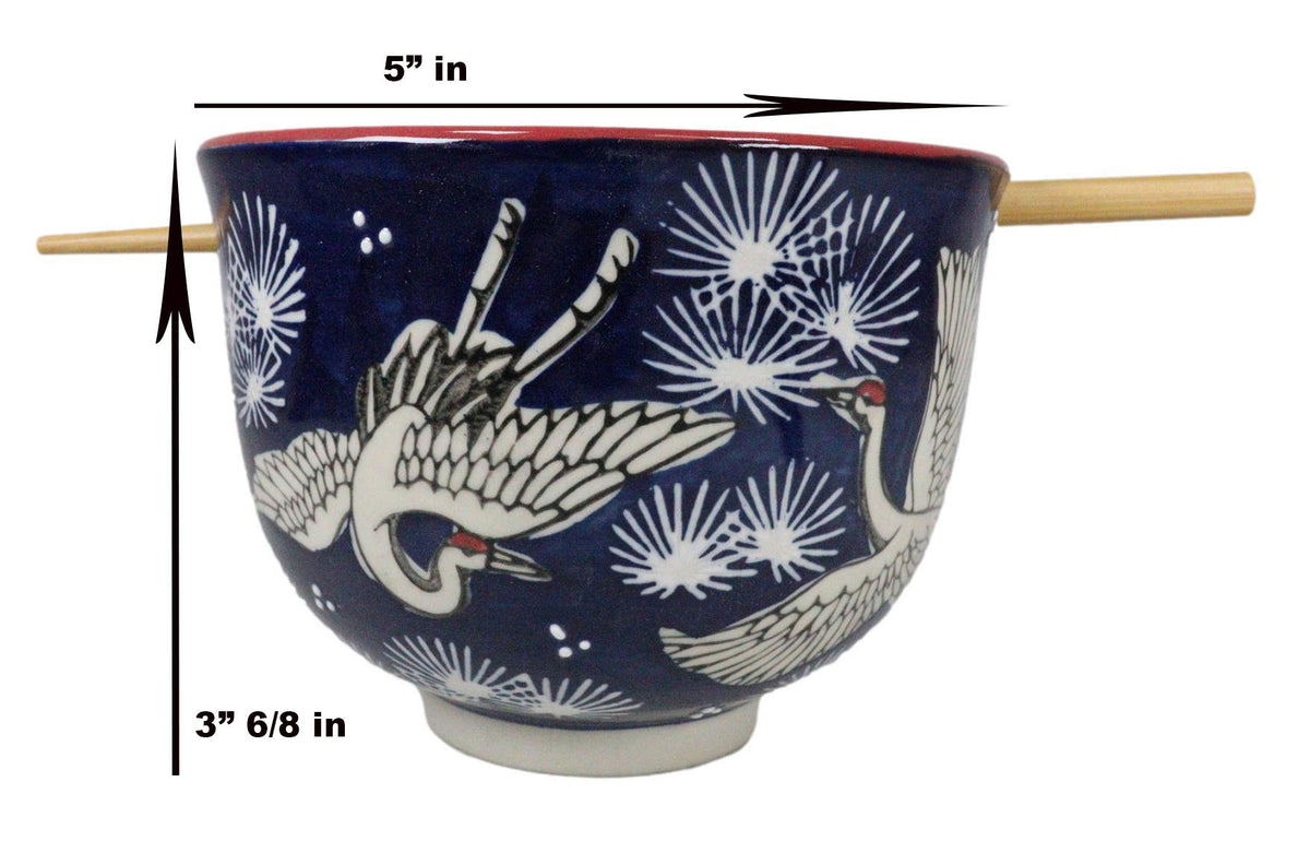 Japanese White Storks In Dark Blue Sky Ramen Soup Bowl With Chopsticks Set