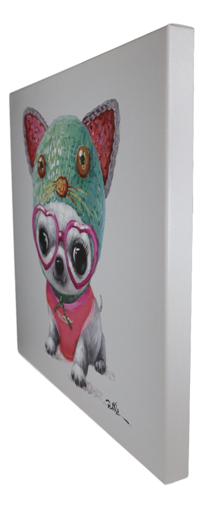 Colorful Chihuahua Puppy Dog With Pink Heart Glasses Canvas Wooden Picture Frame