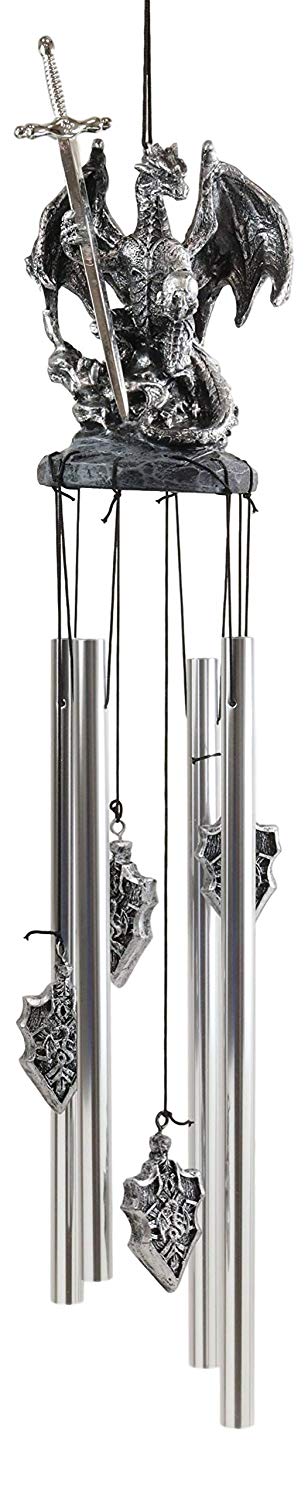 Ebros Gift Medieval Silver Dragon Holding Excalibur Sword and Orb Figurine Crown Top Resonant Wind Chime Garden Patio Home Fantasy Dungeons and Dragons Accent Decor - Ebros Gift