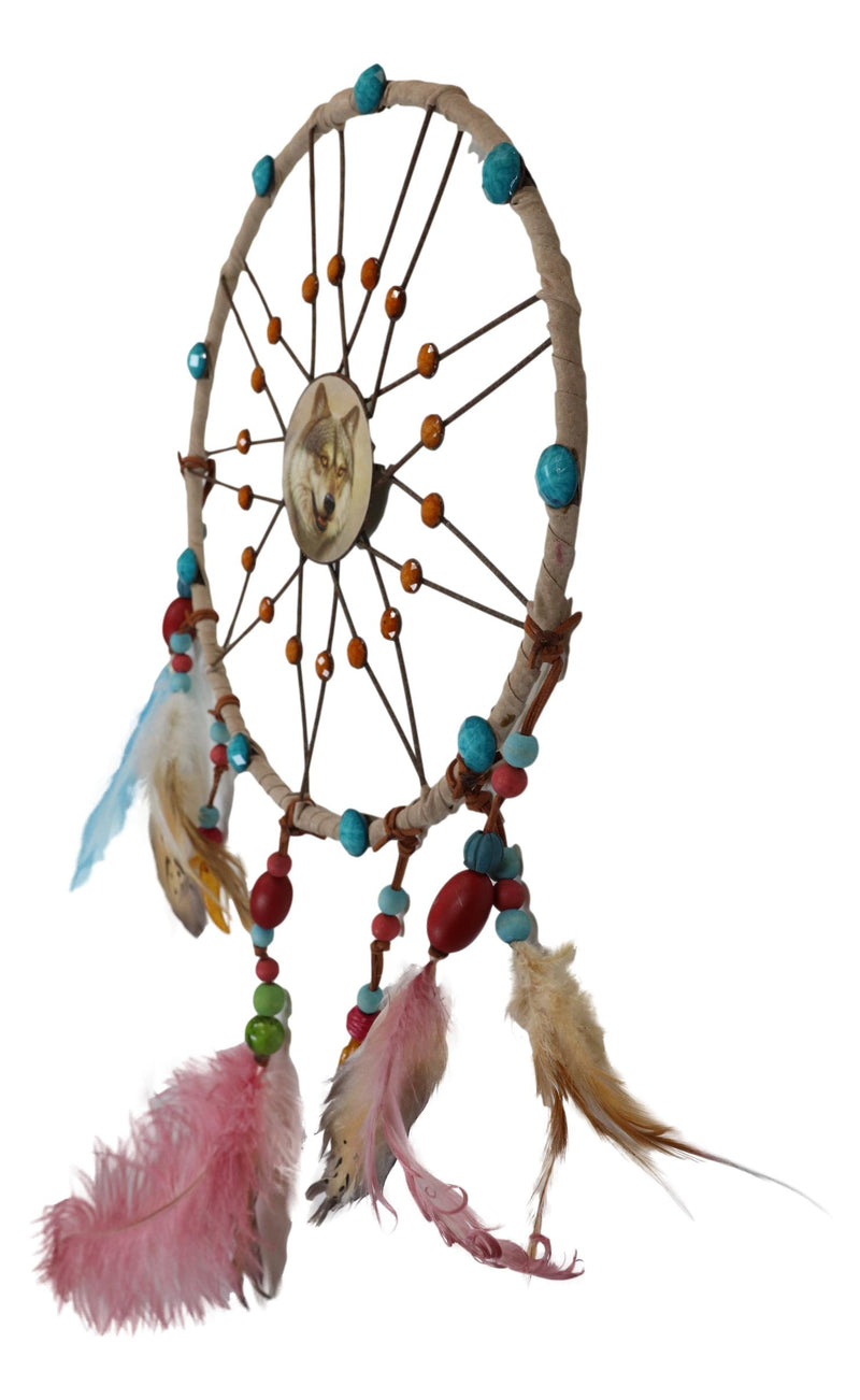 Set Of 2 Southwestern Indian Boho Chic Moon Gray Wolf Feather Wall Dreamcatchers