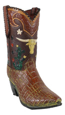 Rustic Western Texas Longhorn Faux Crocodile Prints Cowboy Boot Vase Figurine