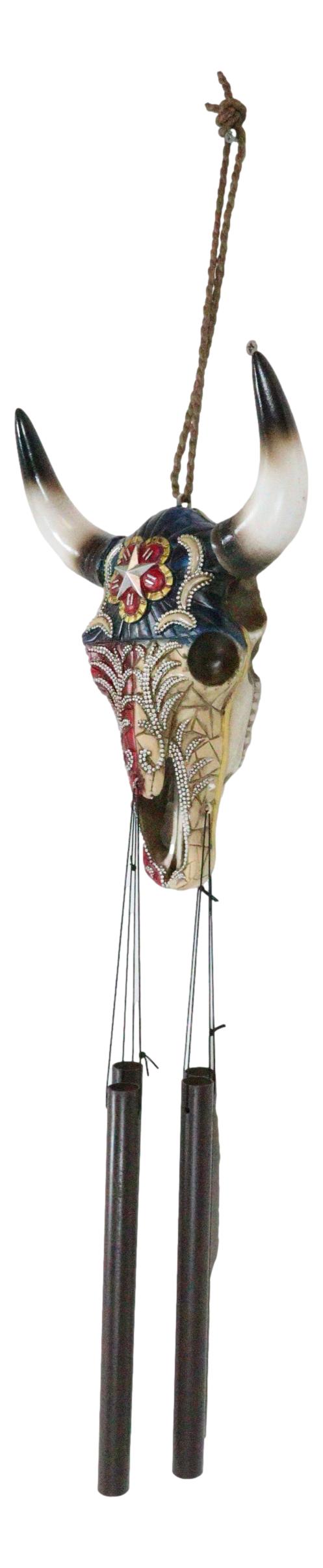 Rustic Western Star Colorful Texas Flag Floral Pattern Bull Cow Skull Wind Chime - Ebros Gift