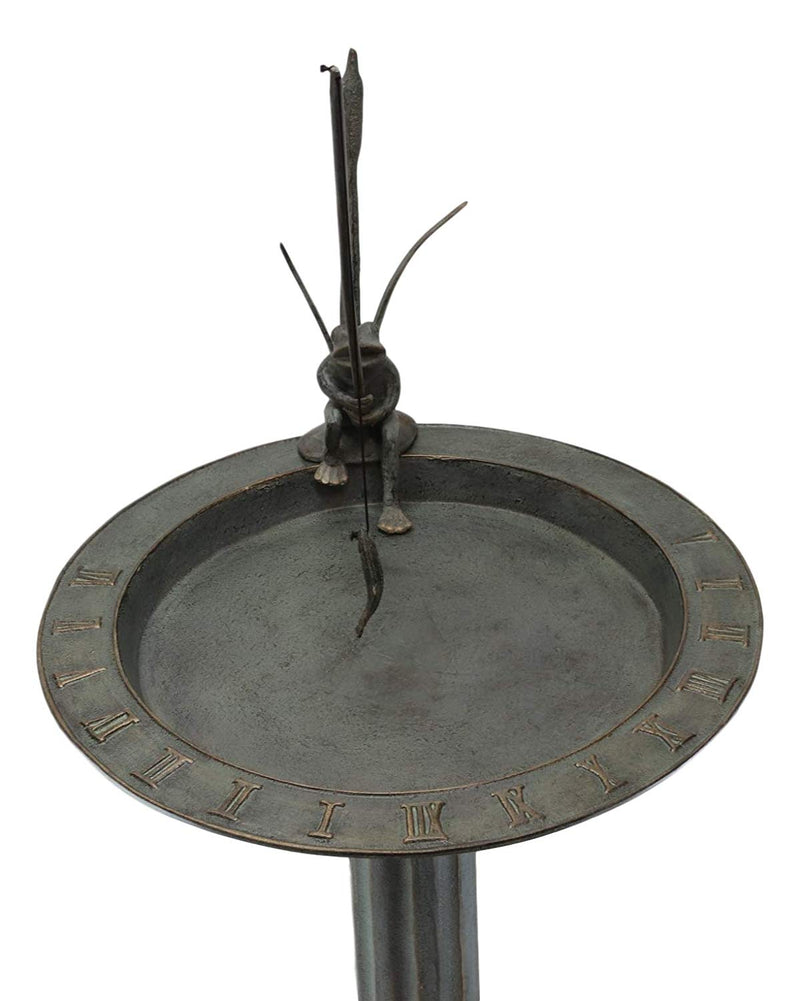 Ebros Gift 34" Tall Aluminum Metal Rustic Cottage Villa Whimsical Fishing Frog by Water Lilly Column Bird Bath and Sundial Garden Decor Statue with Roman Numerals for Lawn Pool Patio Outdoors Decor